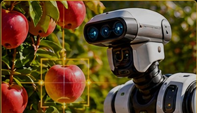 Robot camera targeting a ripe apple